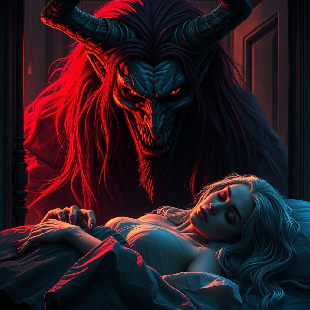 Nightmarish Demon Beside Sleeping Beauty in Eerie Glow