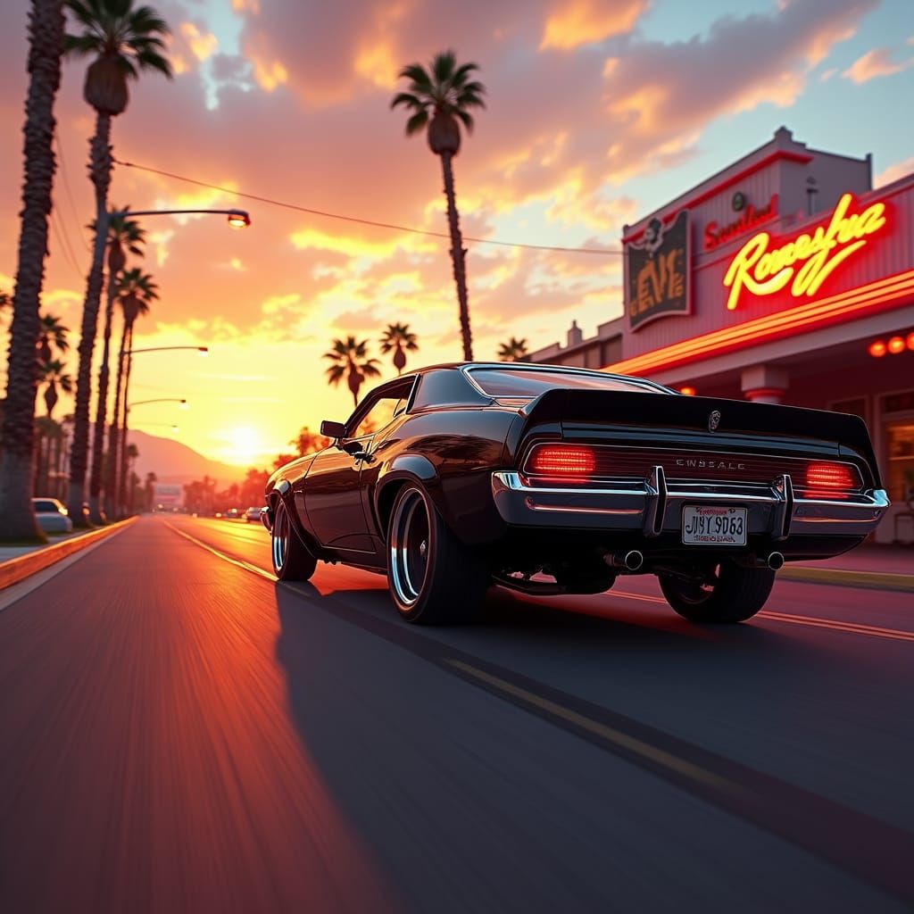 Sleek Black Muscle Car on Retro Road