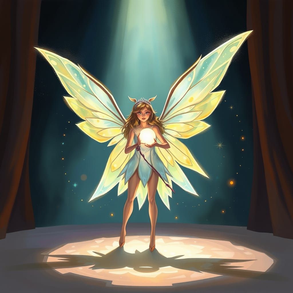 Ethereal Winged Performer in Dreamy Cartoon Style