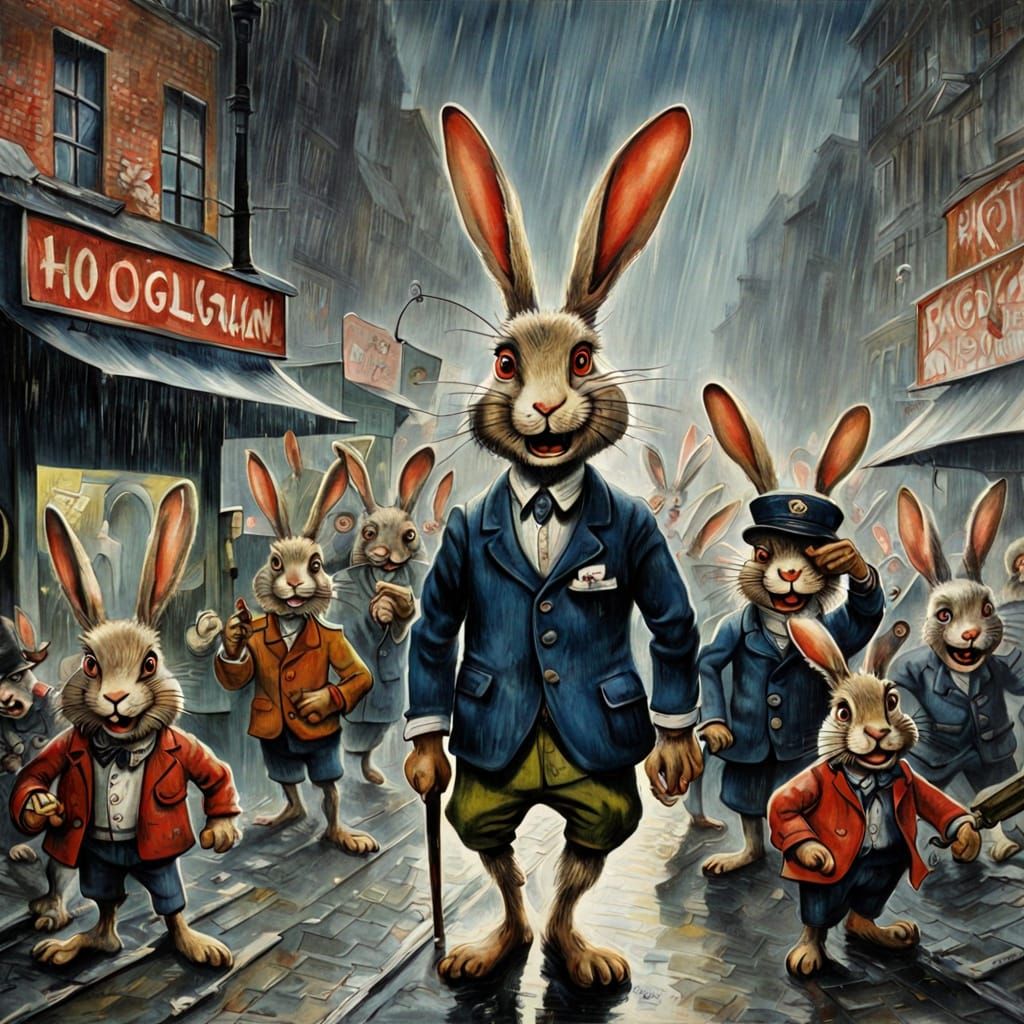 Hooligan Rabbits Riot Under Urban Rain