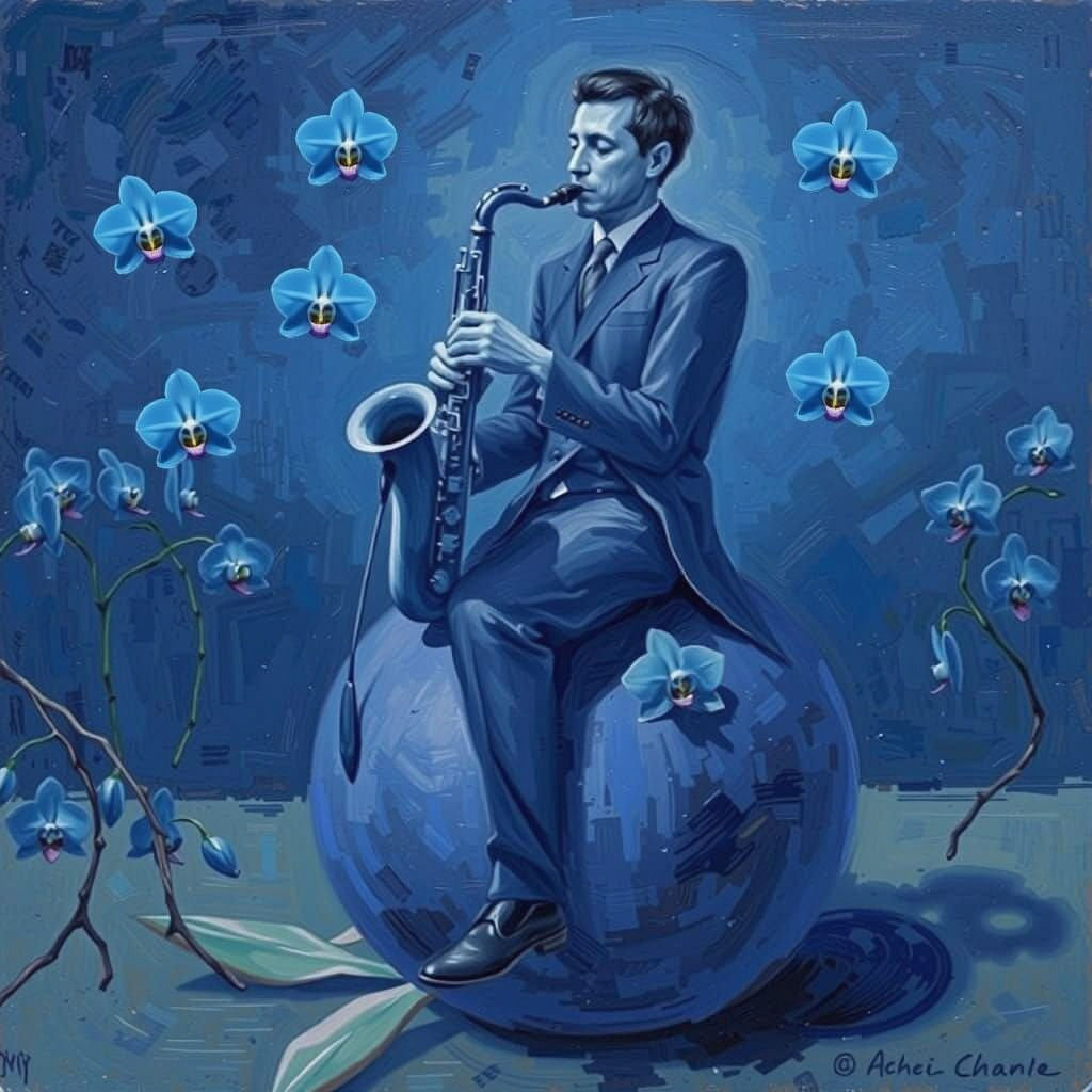 Blue Man Plays Saxophone on Blueberry in Surreal Style