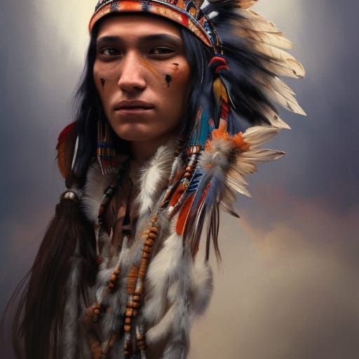 Attractive Native American Shaman Portrait in Moonlight