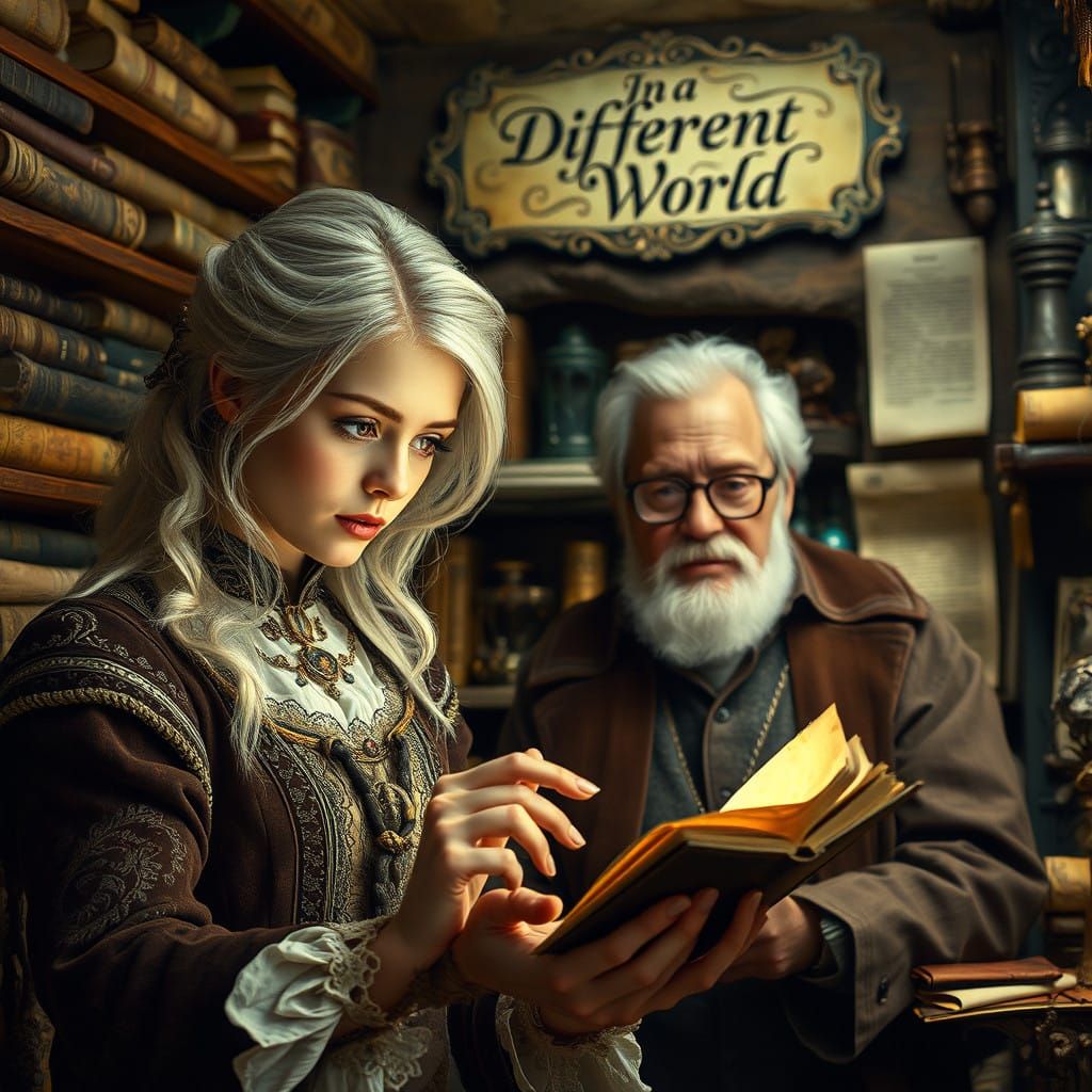 Elegant Shopkeeper and Curious Customer in a Whimsical Antiq...