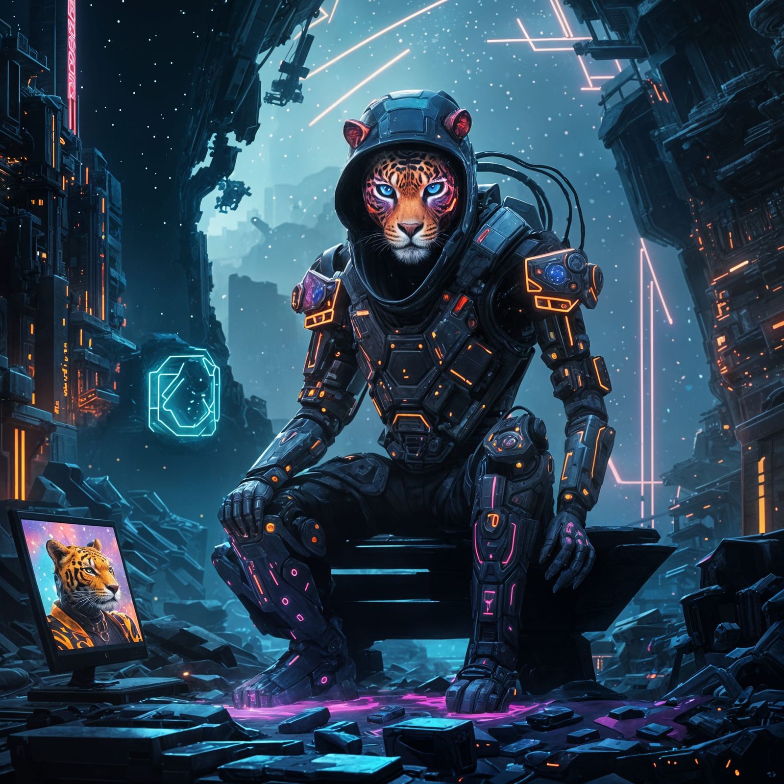 Cyborg Ninja Contemplates Cosmic Jaguar in Borderlands Style