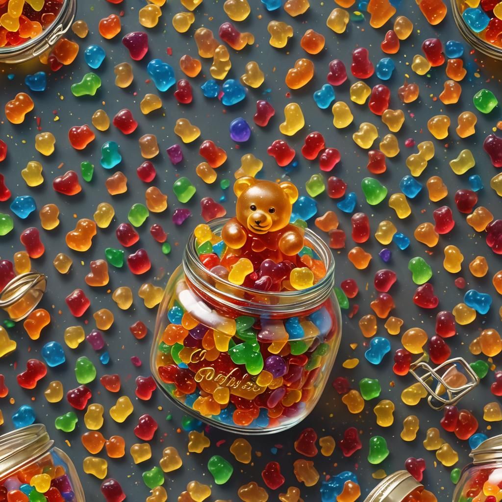 Colourful Gummy Bear in Jar: Hyper-Realistic Close-Up