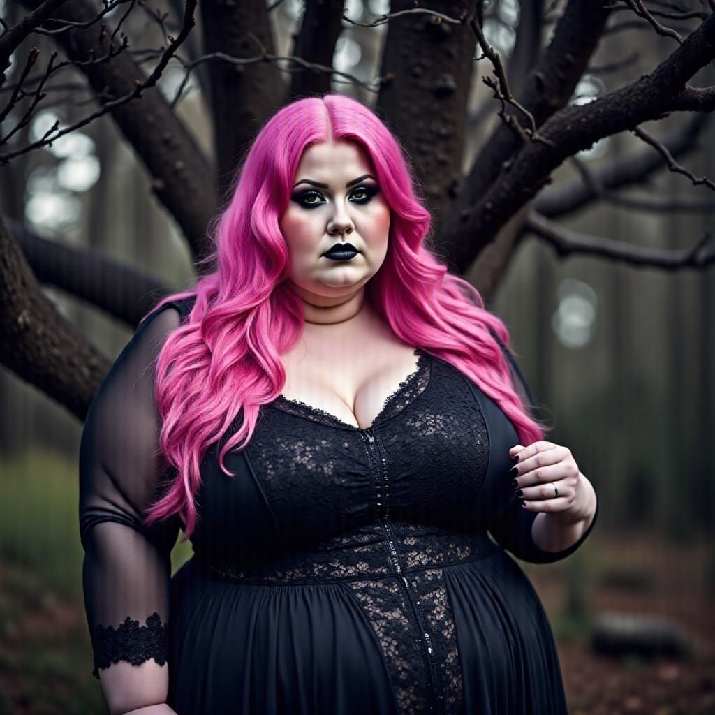 Pink-Haired Vampire in Gothic Style Under Night Tree