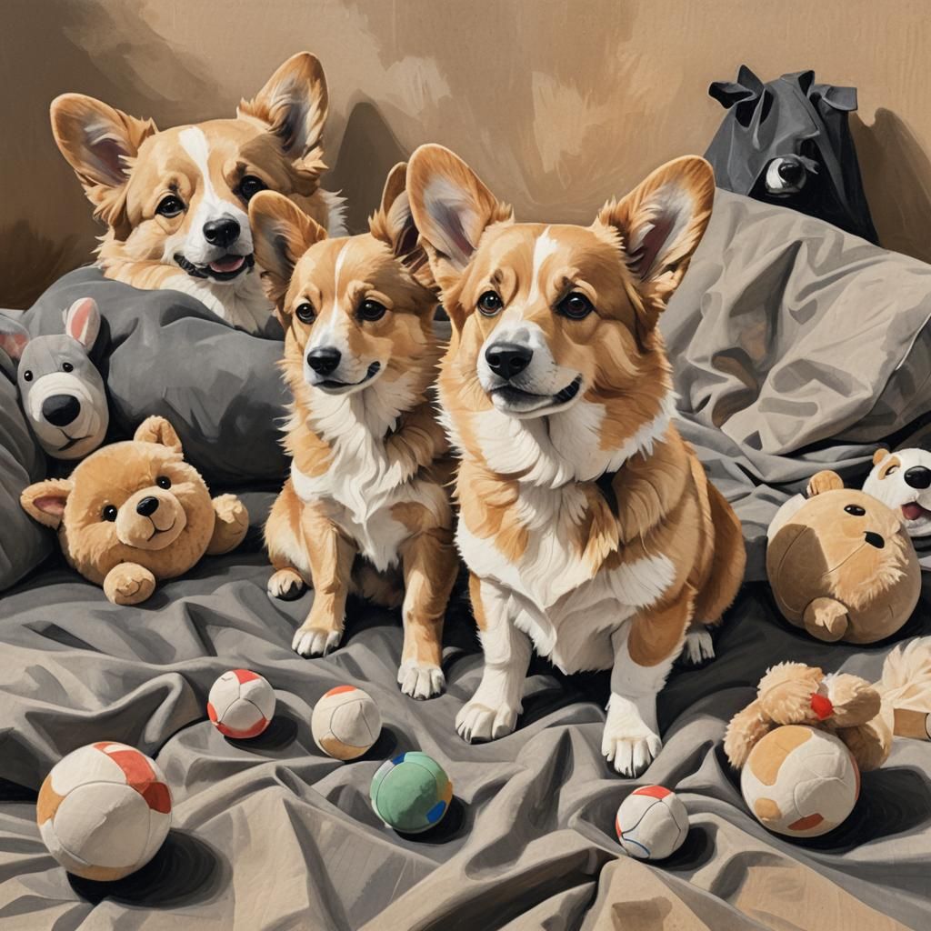 Whimsical Charcoal Drawing of Corgi and Puppy