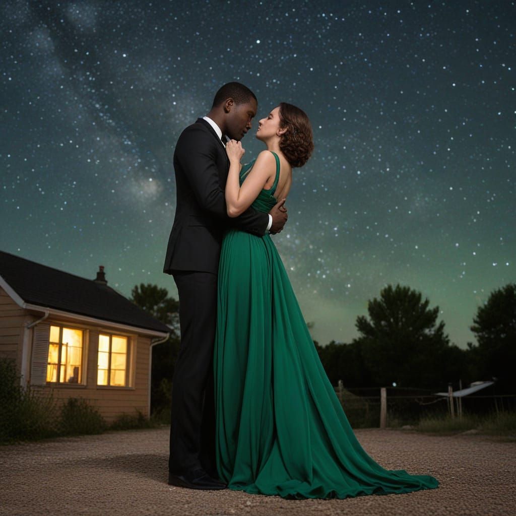 Couple Embracing Under a Starry Night Sky
