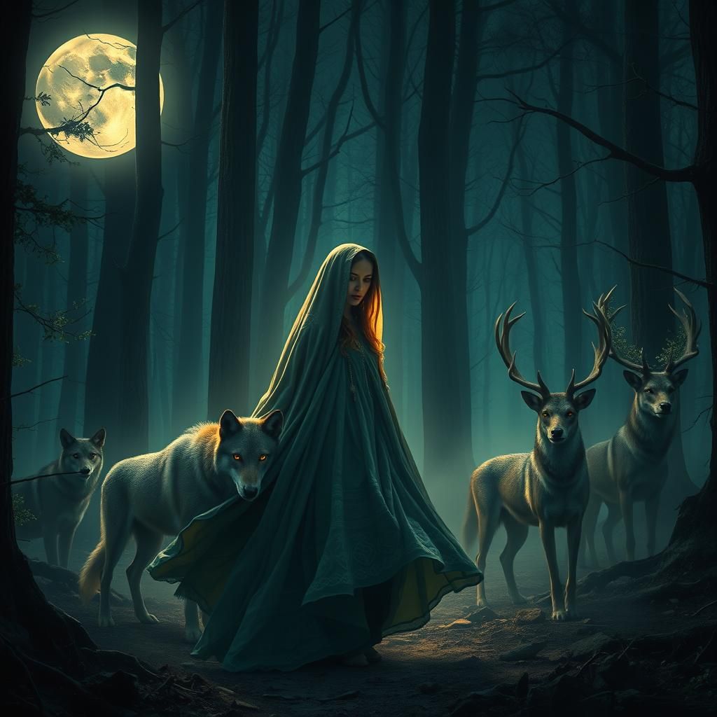 Mystical Moonlit Forest Wanderer in Pre-Raphaelite Style
