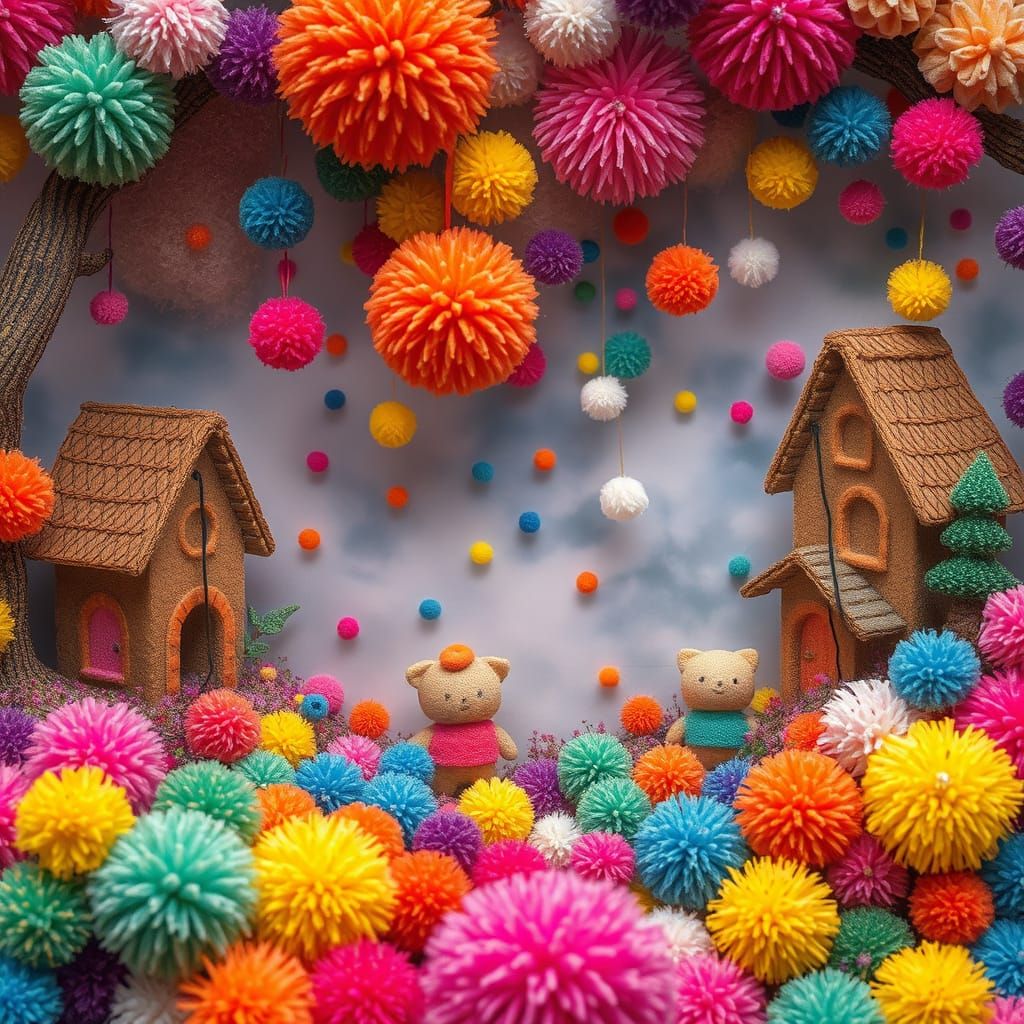 Whimsical Pom Pom Characters in a Dreamy Landscape