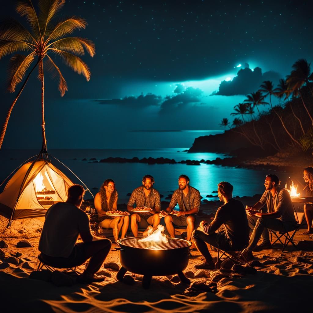 A group of friends enjoying a barbecue camping experience on Hawaii island