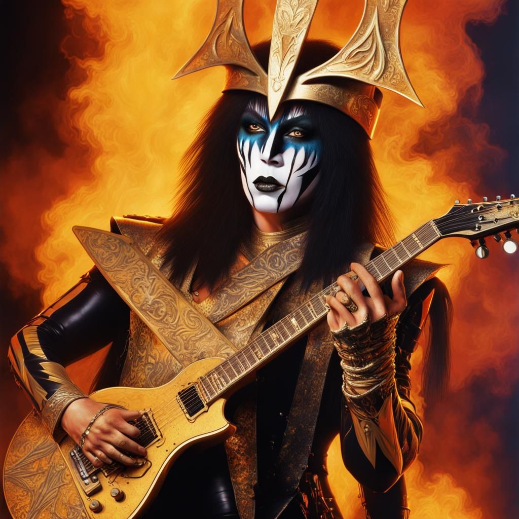 Golden Flame Warrior Guitarist: Hyperrealistic Concept Art