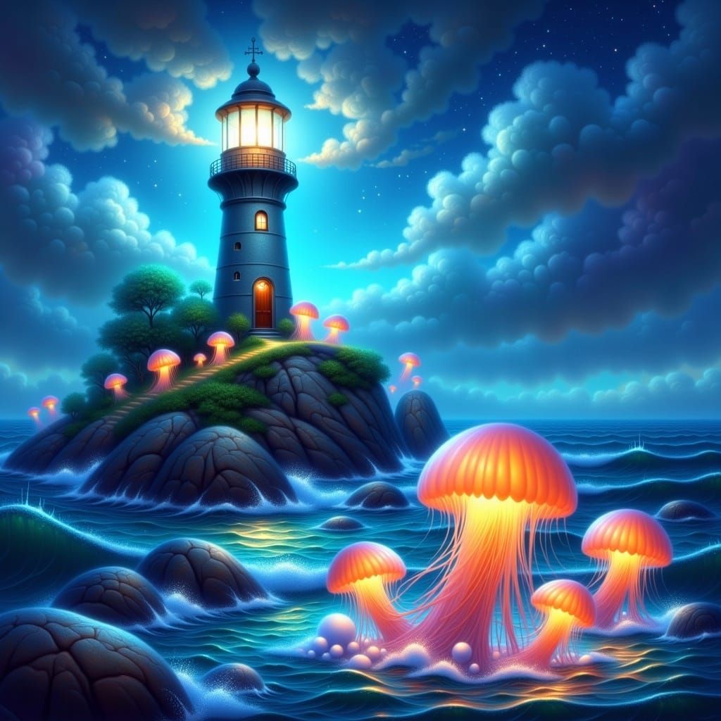 Mystical Lighthouse Illuminates Glowing Jellyfish
