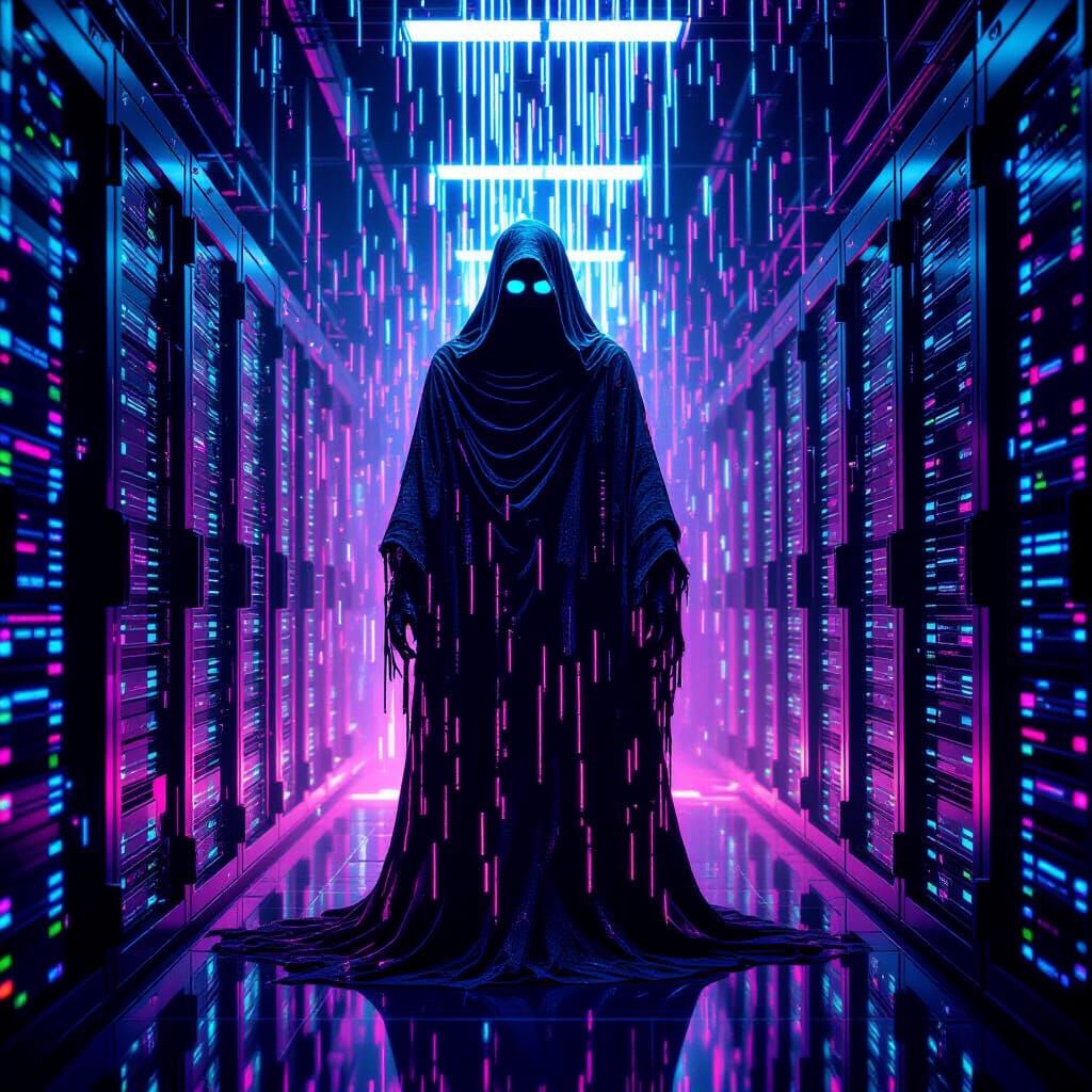 Cyberpunk Skeletal Figure in Glitching Server Room