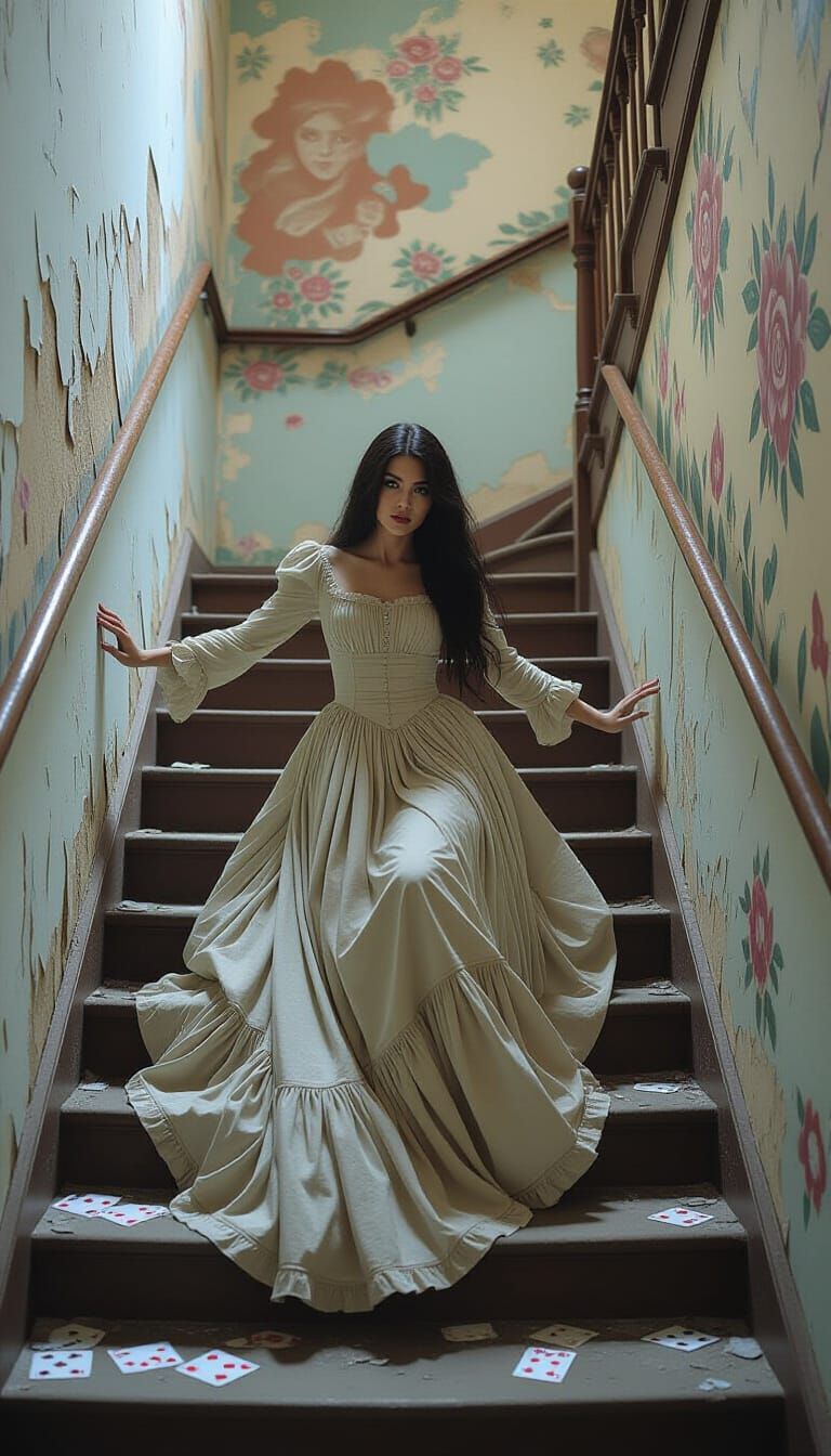 Woman Falls Down Asylum Stairs in Dark Surrealism Style