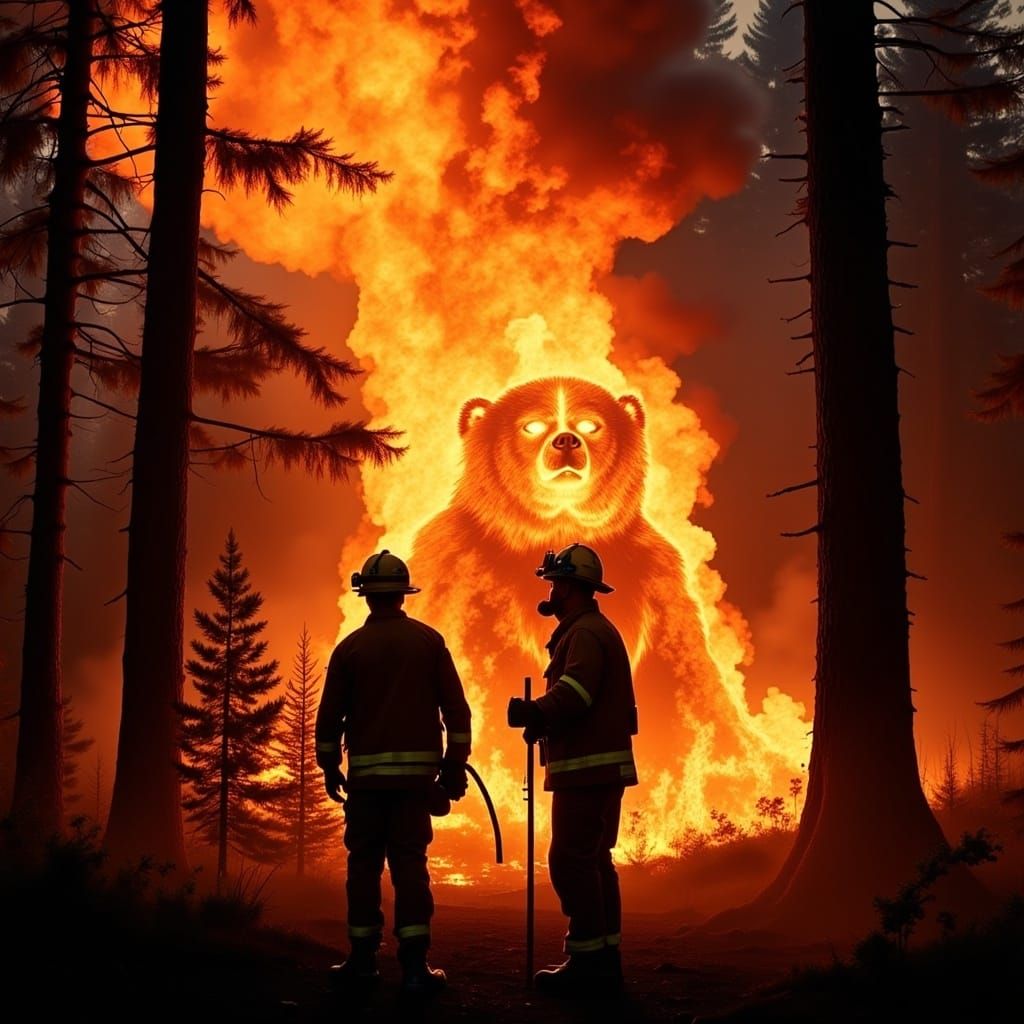 Firefighters Battle Forest Fire with Bear-Shaped Flames