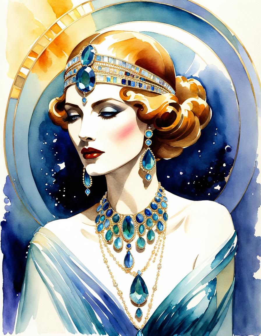 Art Deco Jewels in Klimt Watercolor Style