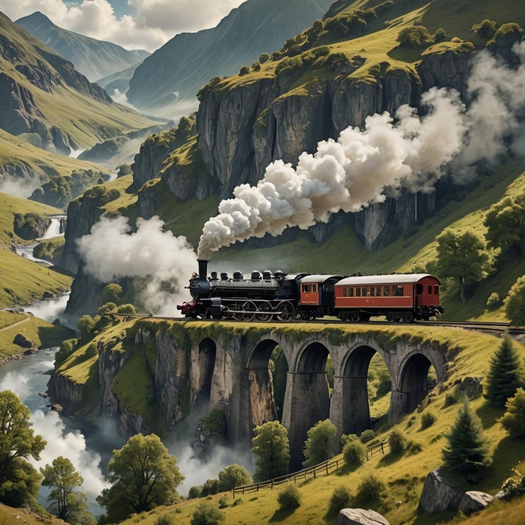Steam Engine Amidst Beautiful Landscape Painting