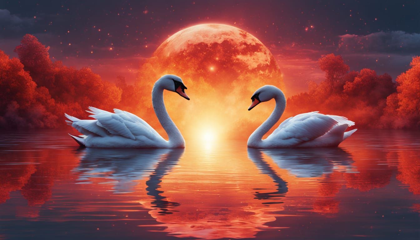 Astral Swans on Red Lake at Sunset Illustration
