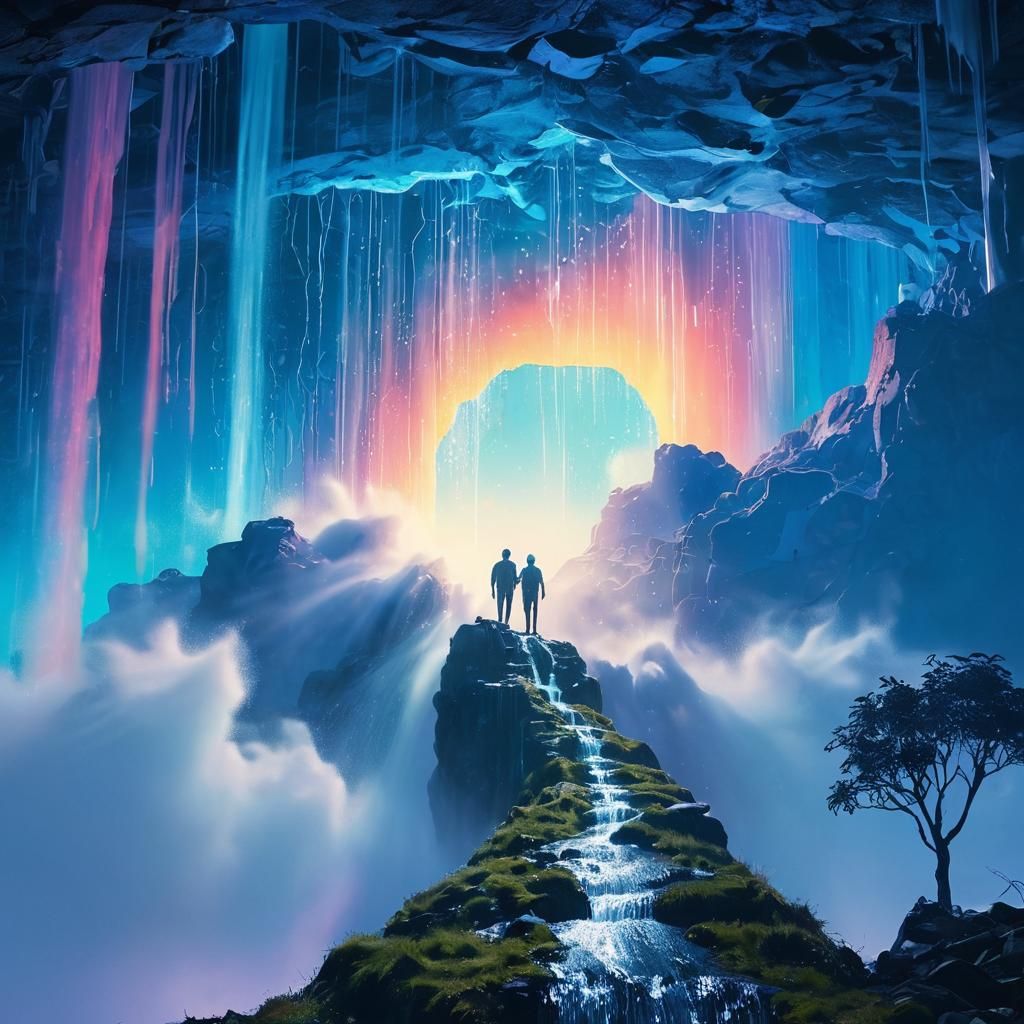 Iridescent Waterfall Portal in Surrealist Style