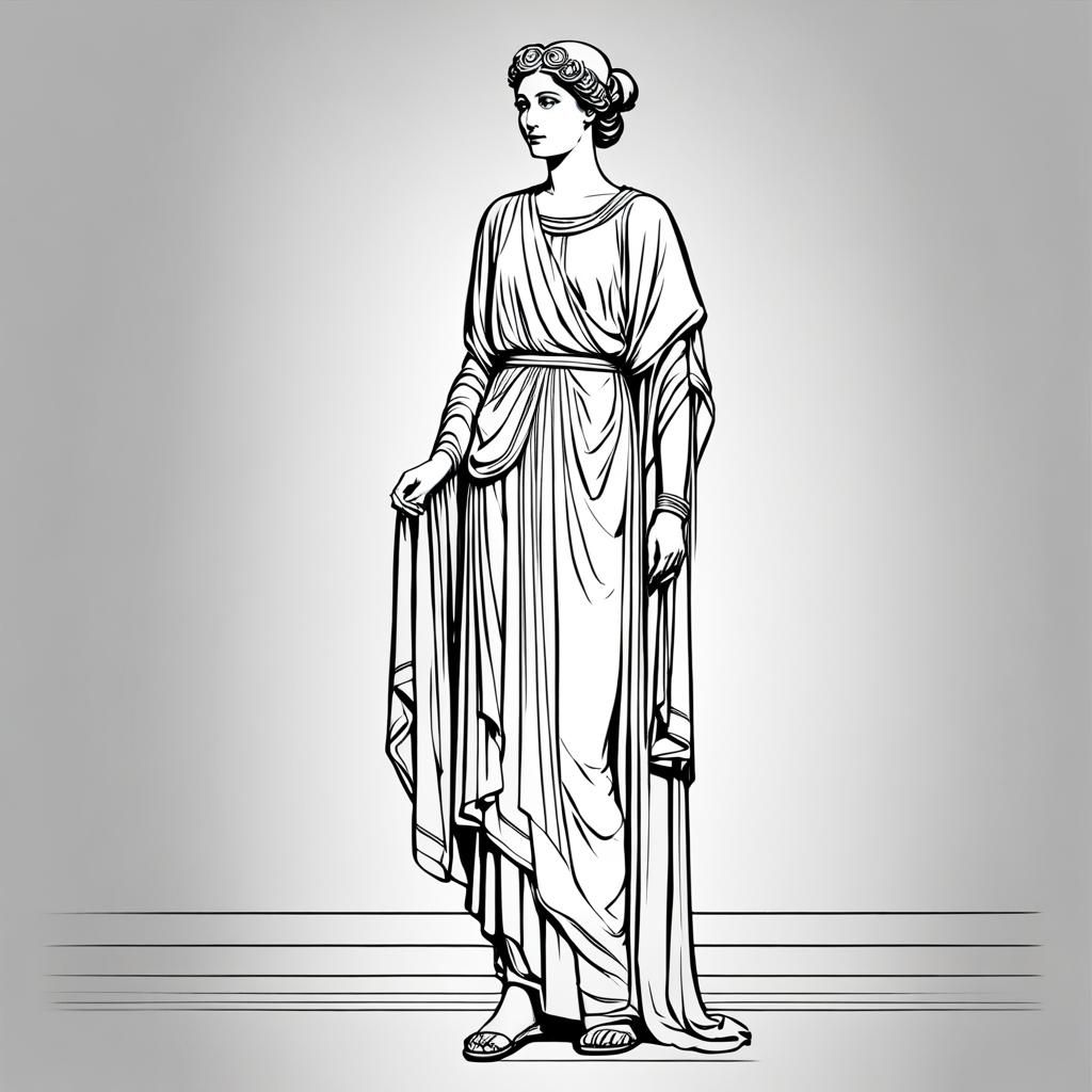 simple full-body line drawing a young roman woman in a short-tunic and sandals