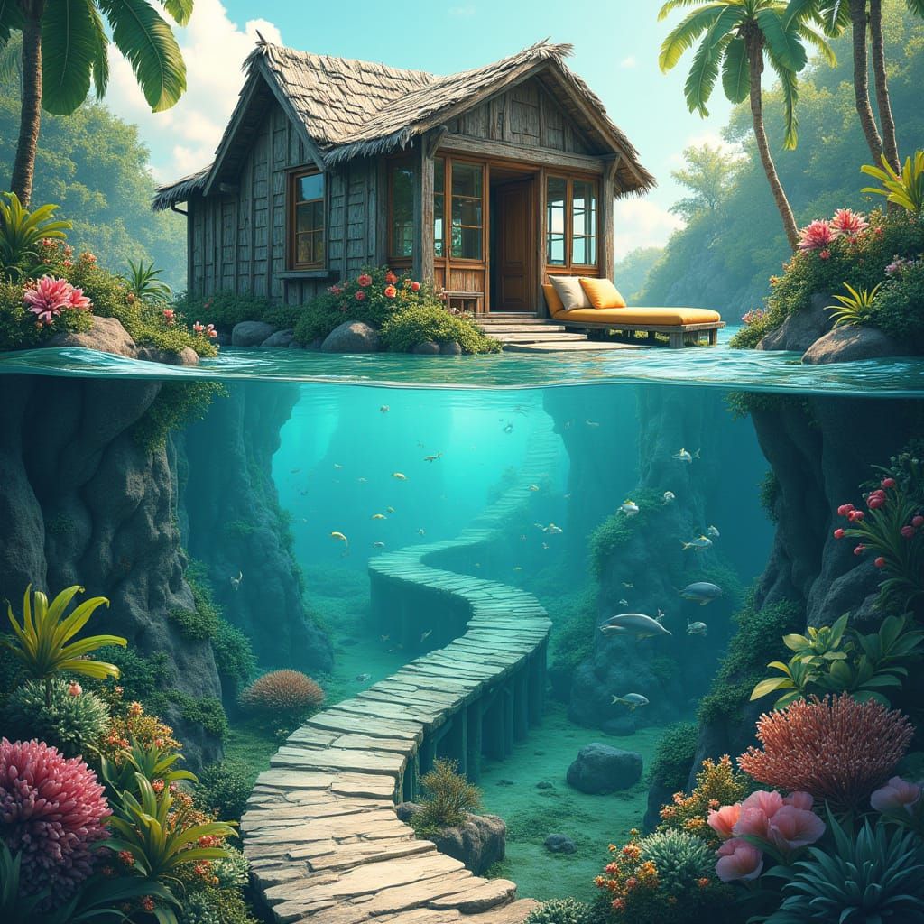 Whimsical Seaside Hut Amidst Vibrant Tropical Paradise