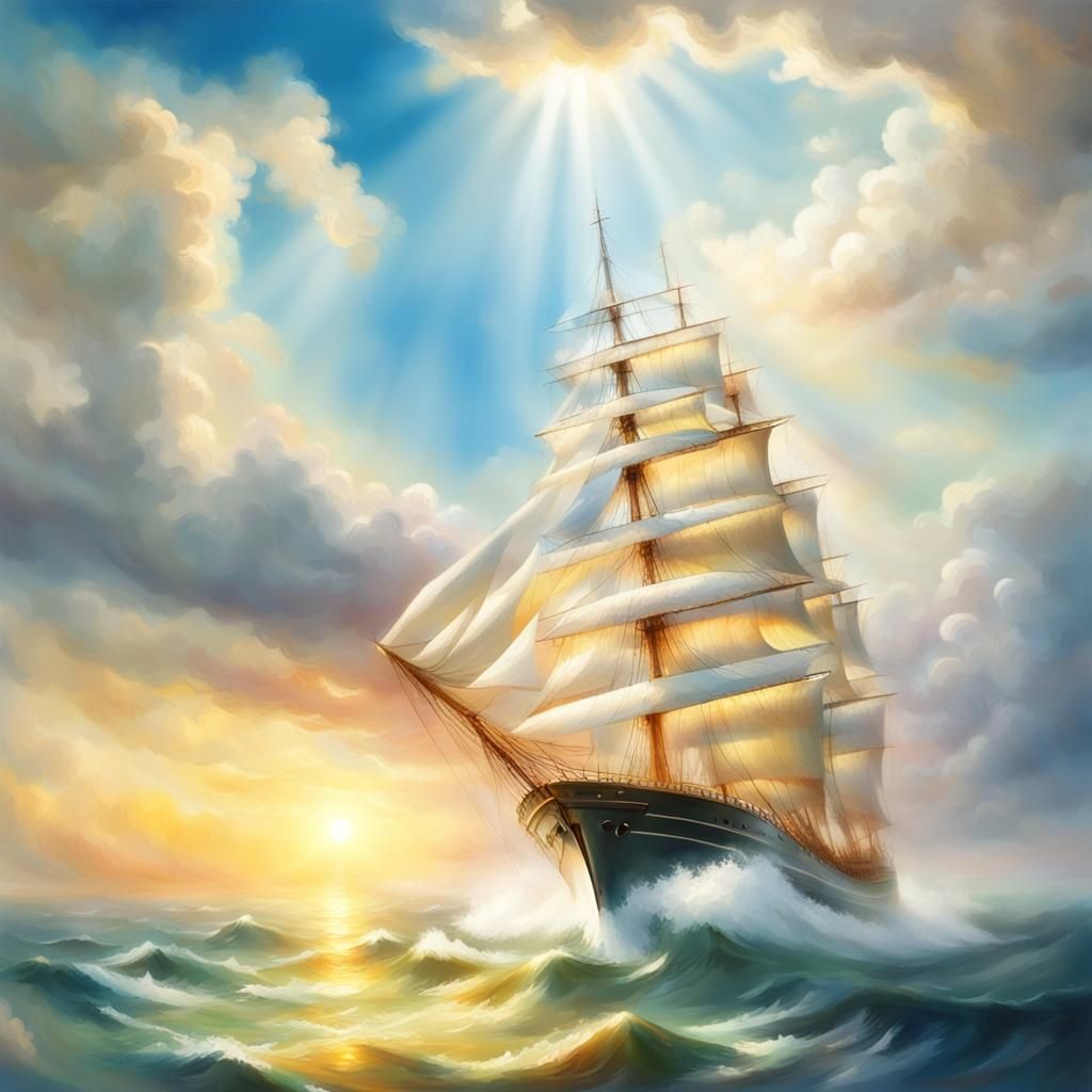 Ship at Sea with Swirling Sunshine: A Painting