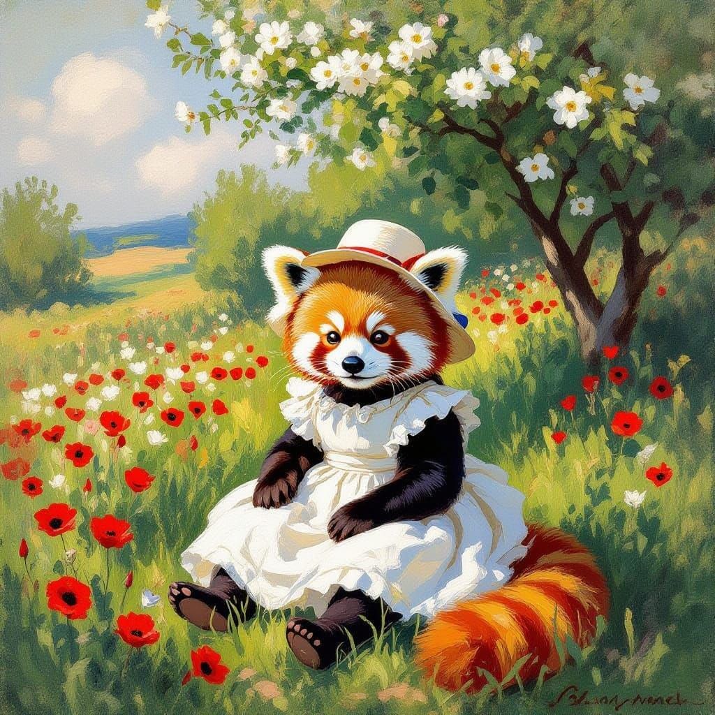 Baby Red Panda in Monet-Inspired Garden