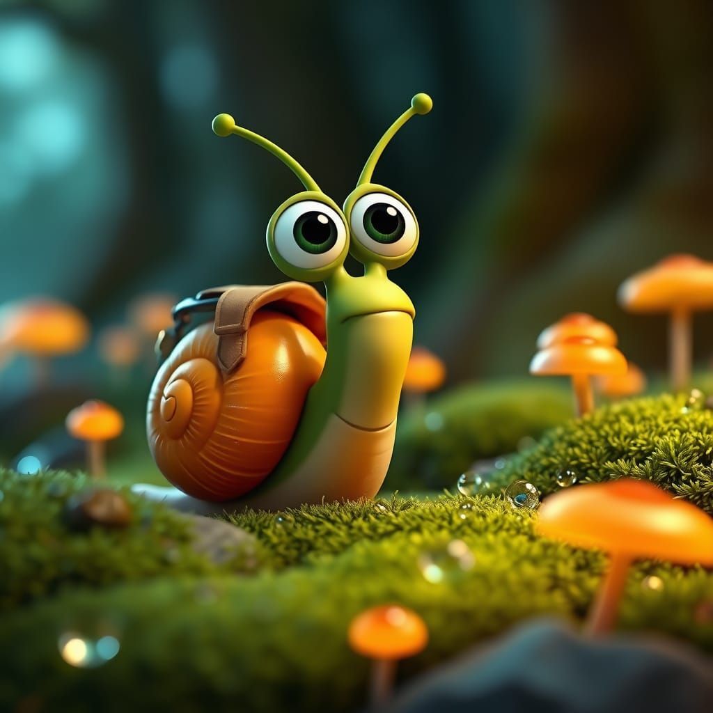 Curious Cartoon Snail in Vibrant CGI Forest