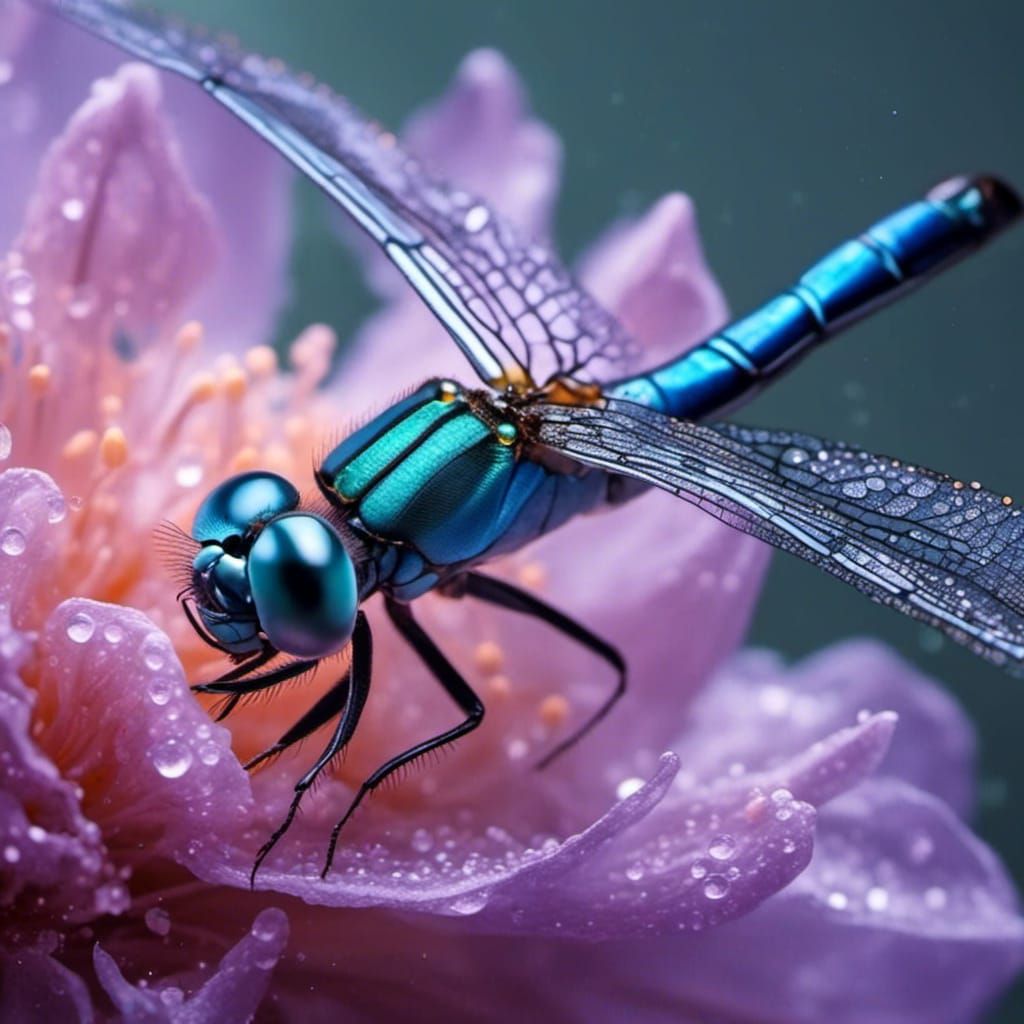 Iridescent Dragonfly on a Dewy Blossom