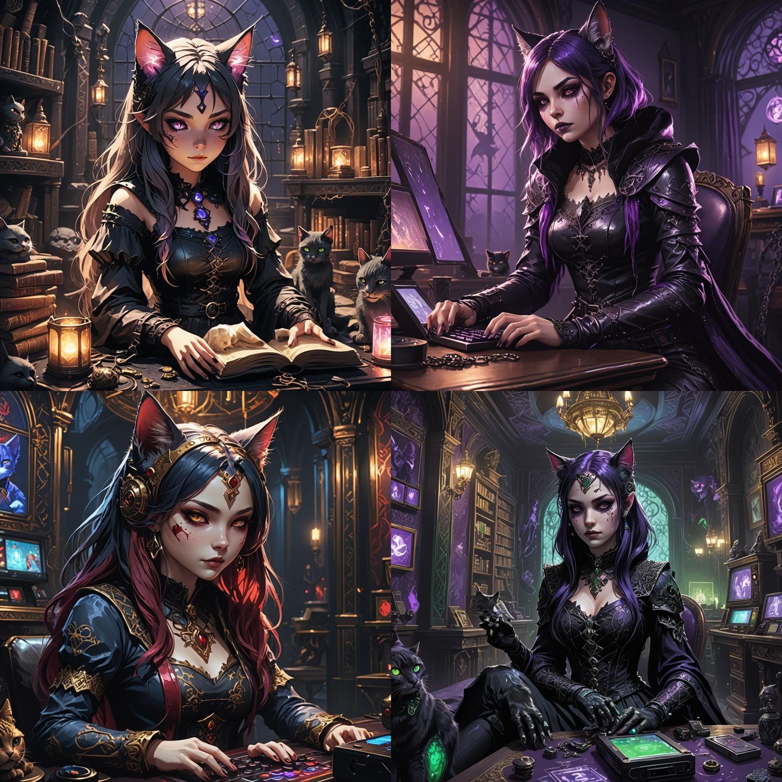 Gothic Anime Cat-Girl Gamer in Detailed Matte Painting