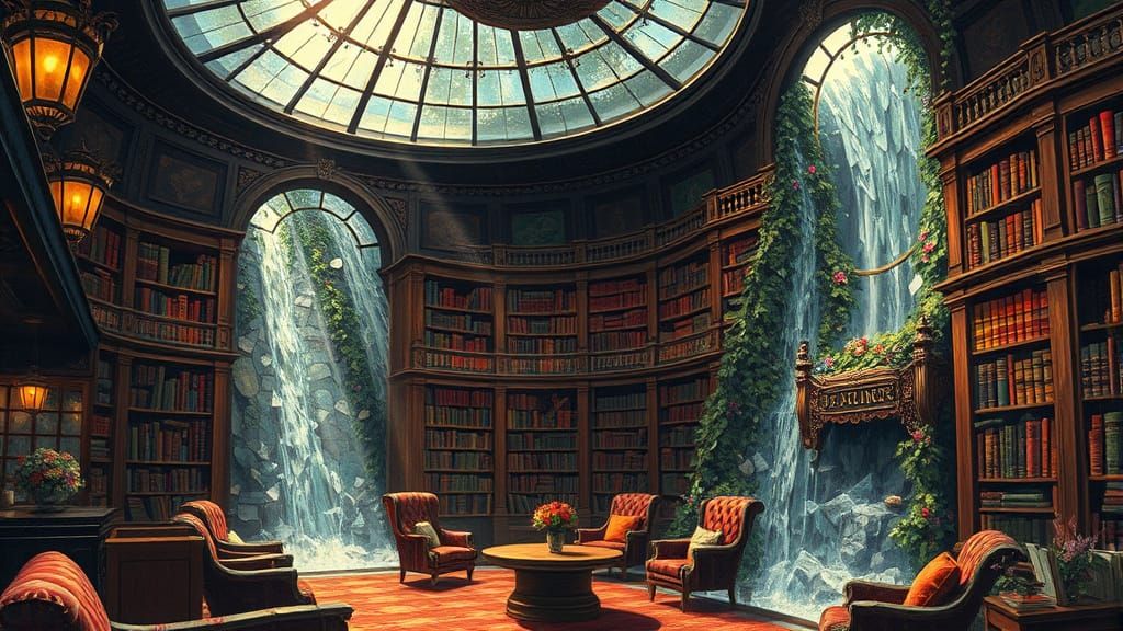 Library with Book Waterfalls in Mixed Media Style
