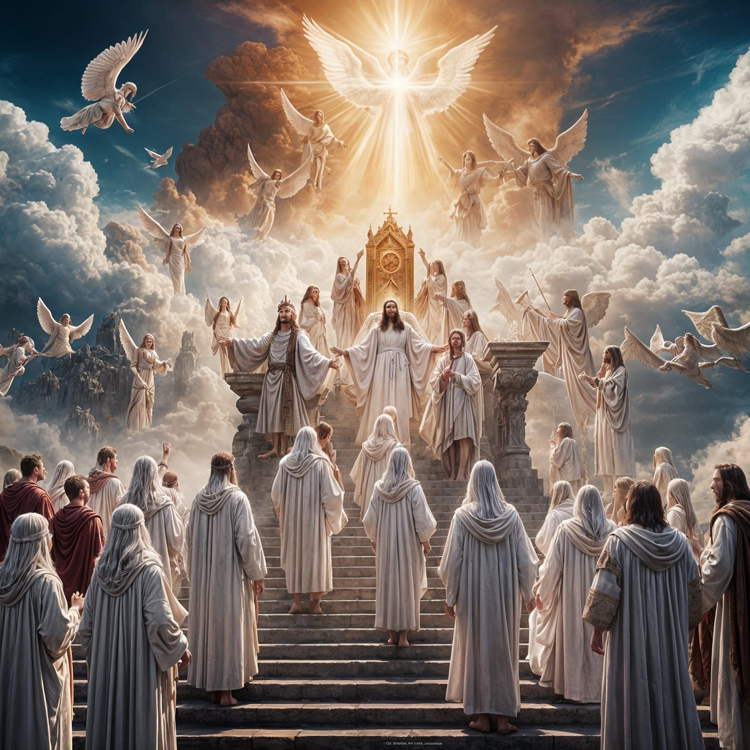 Crowning Scene in Heaven with Angels and White Robes
