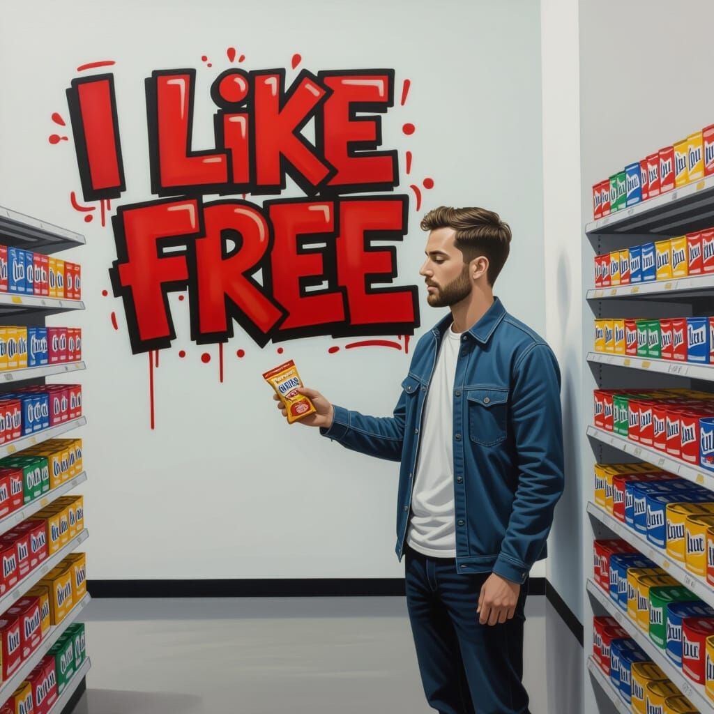 Man Reaches for Snack in Store with Graffiti Art