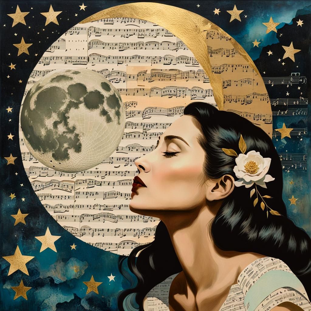 Surreal Woman Whispering to Moon in Paper Collage