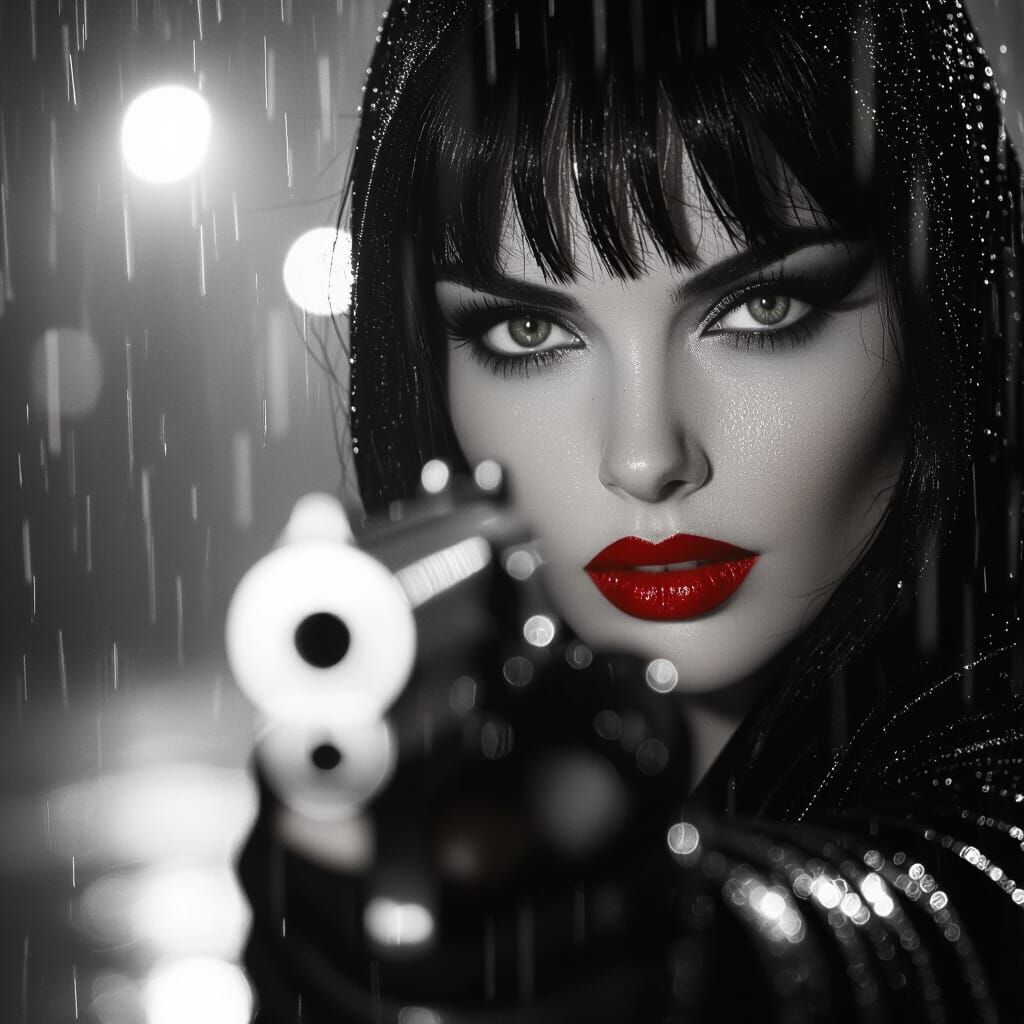 Femme Fatale with Red Lips and Gun in Sin City Style
