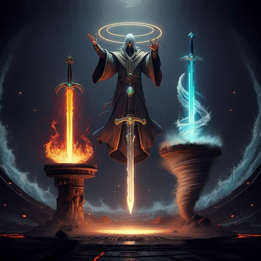 Mystical Wizard Forges Elemental Swords Amidst Swirling Vort...