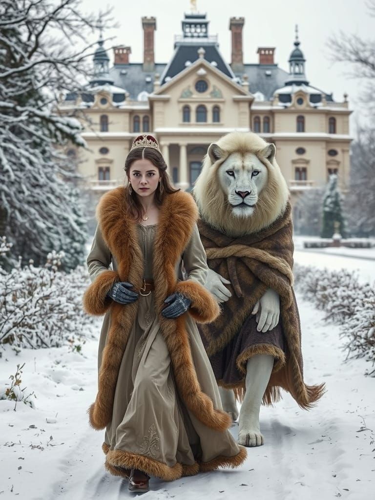 Victorian Lady and Lion Protector in Winter