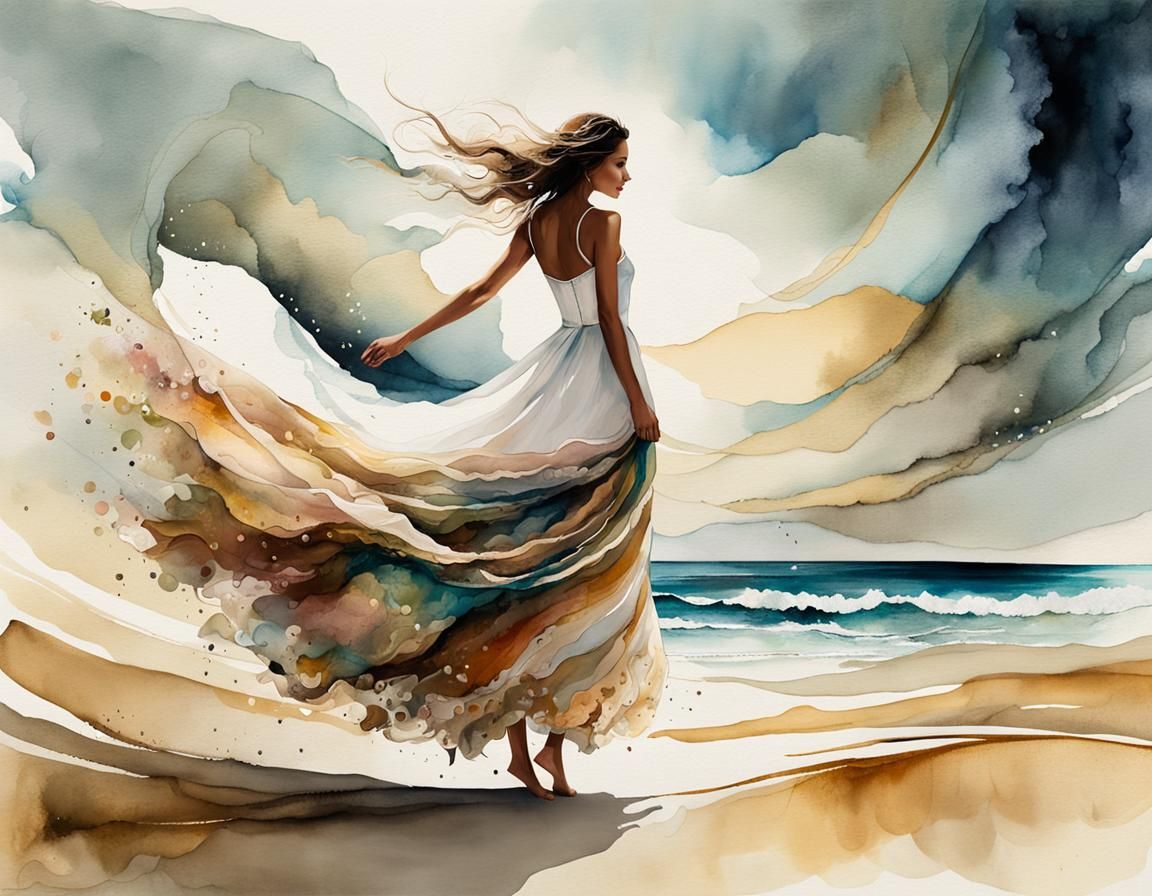 Swirling Dress on Beach: Abstract Watercolor Illustration