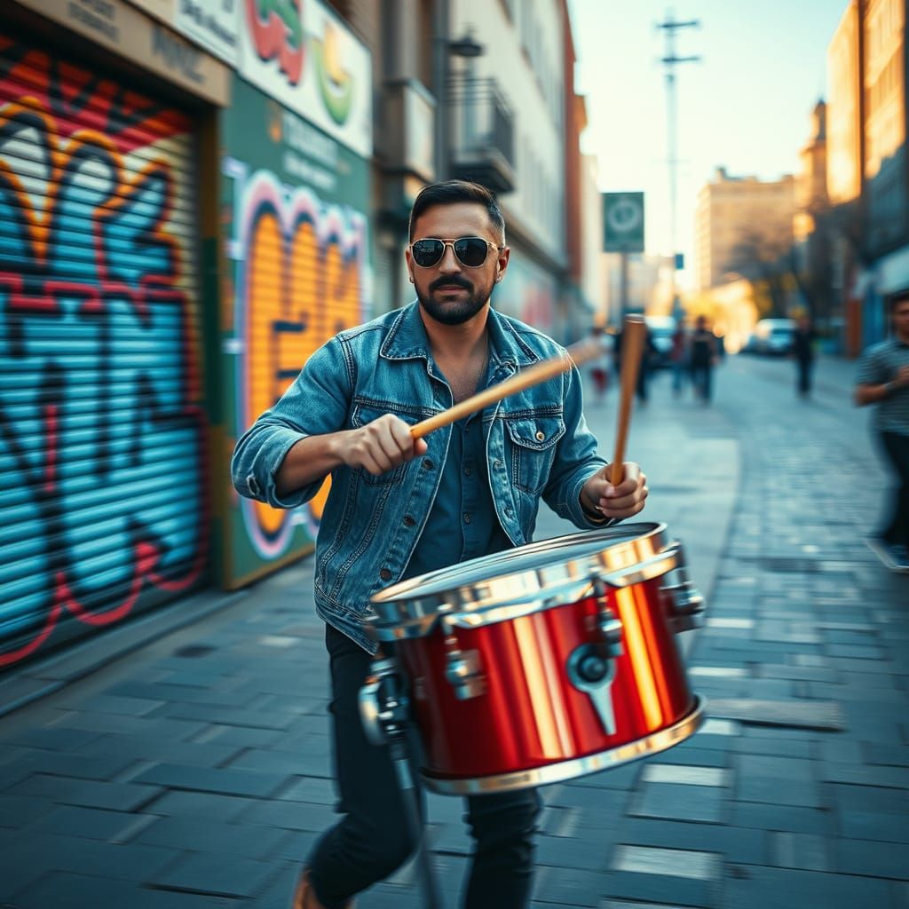 Street Drummer Plays Energetically in Golden Sunlight