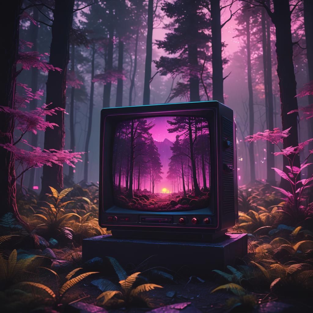 Synthwave TV Forest Landscape in Neon Retro Style