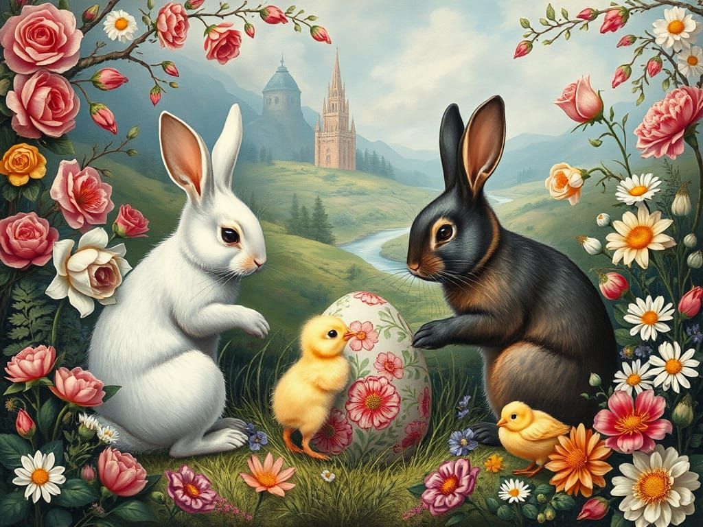 Magical Landscape with Bunnies in Renaissance Style