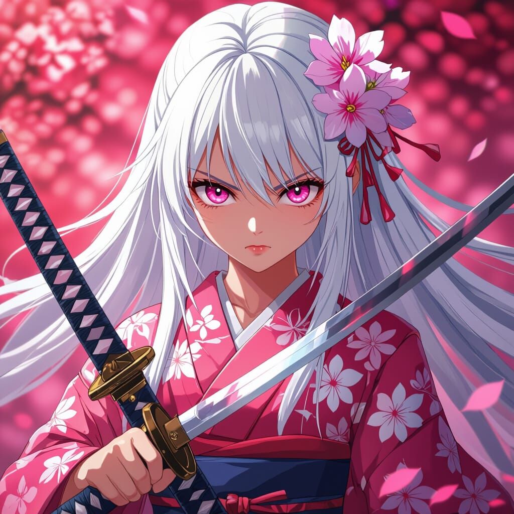 Fierce Sakura Kimono Hero Girl with Flower Katana