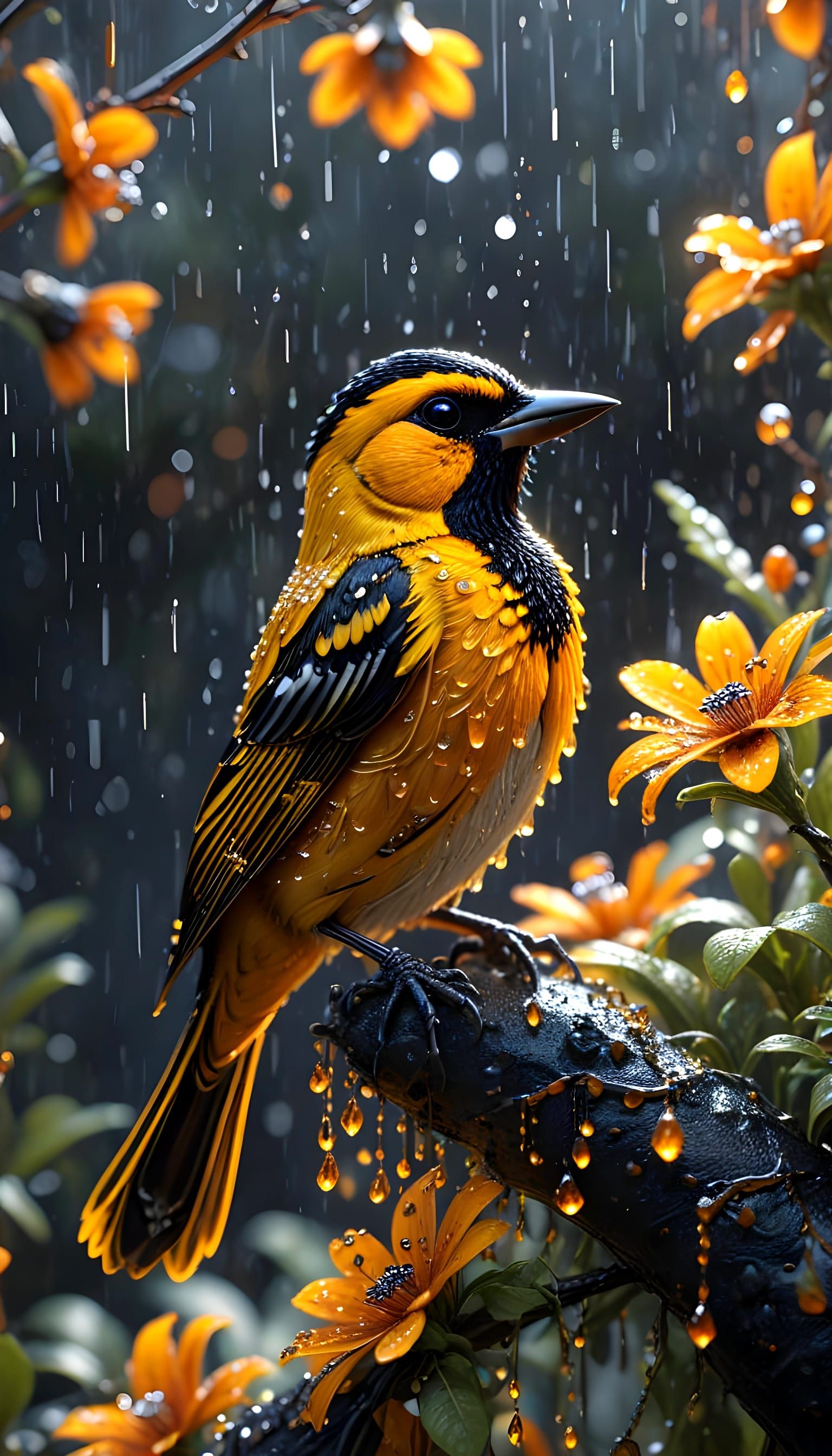 Hyperrealistic Jewel-Toned Oriole in Rainy Splendor