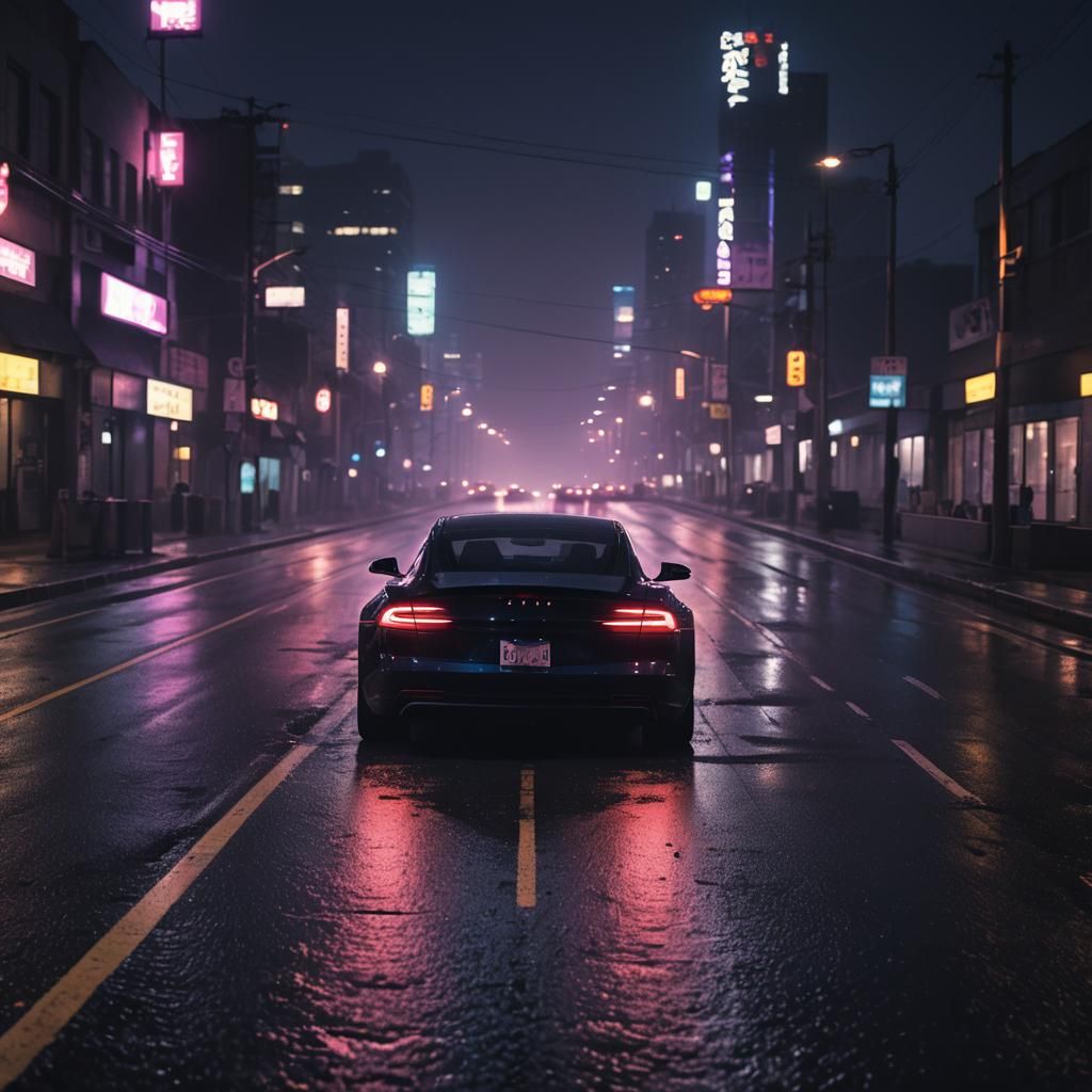 Black Tesla Car on Deserted Highway at Night
