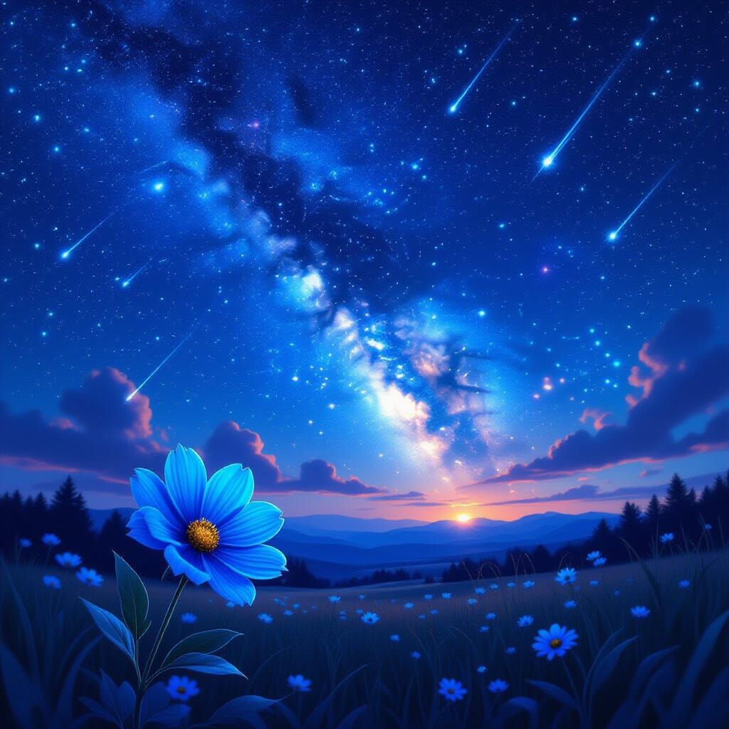 Electric Blue Starry Sky with Flower, Photorealistic