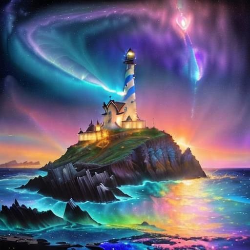 Fantasycore Seascape Lighthouse in Watercolor Style