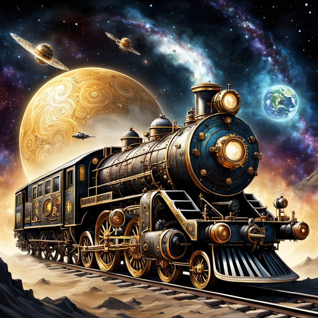 Steampunk Locomotive Soaring Through Space