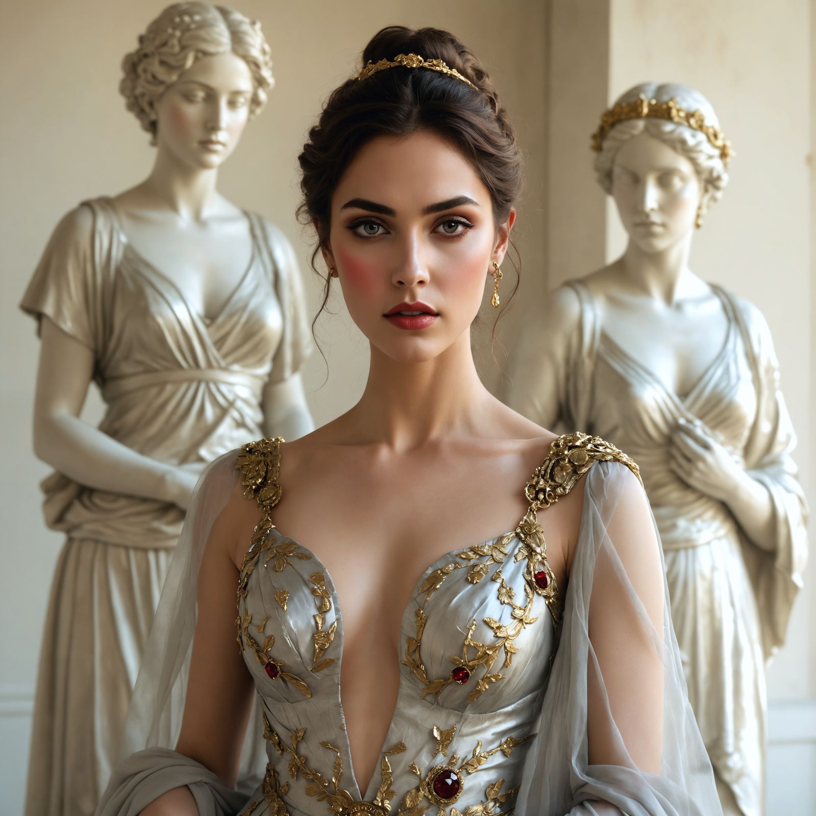 Baroque Woman in Silver Dress with Greek Statue