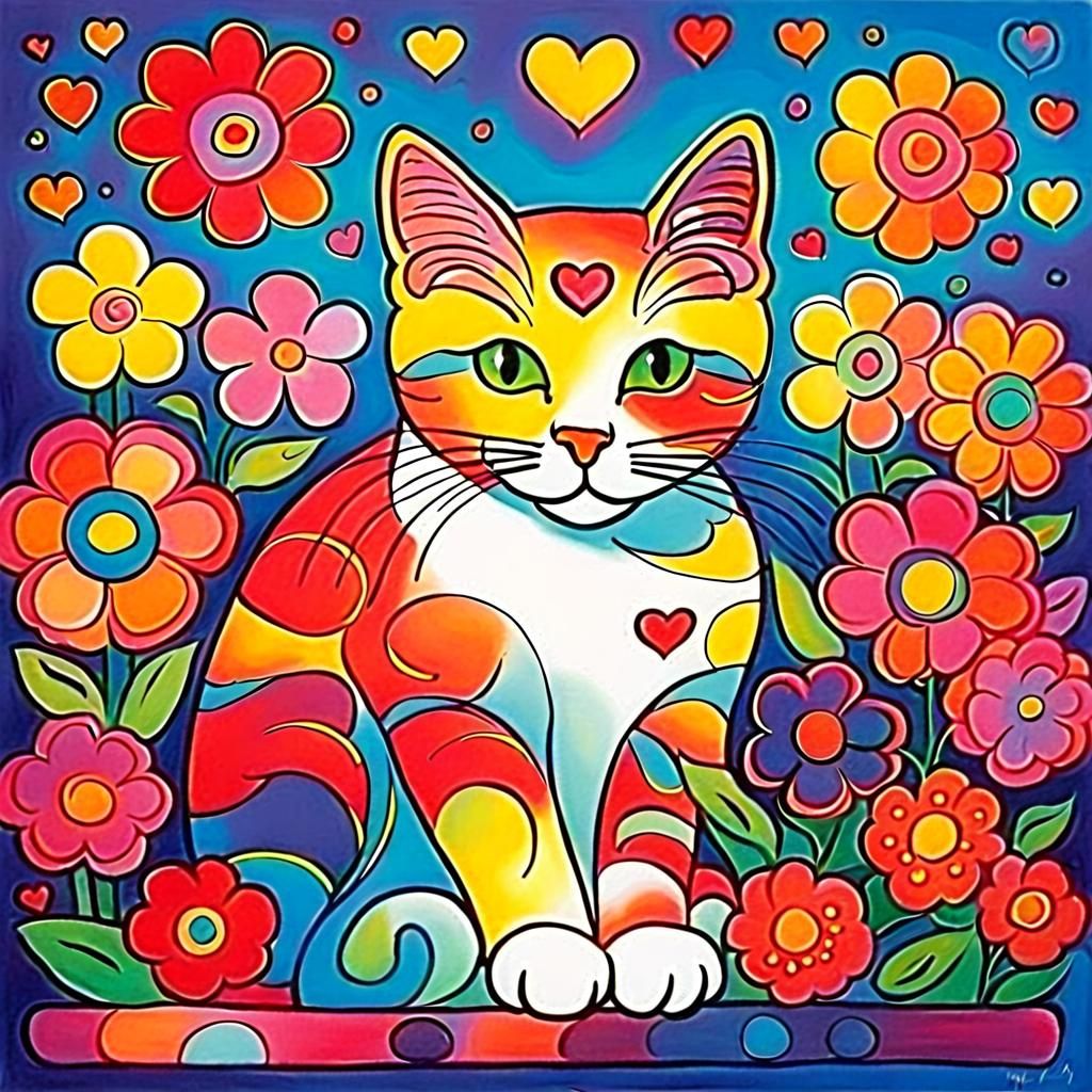 Psychedelic Cat on Pillow with Flowers